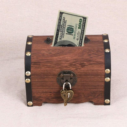Wooden Treasure Chest Retro Money Storage Box Case Coin Piggy Bank Organizer - Aimall