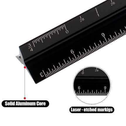 Aluminum Alloy Black Triangular Ruler Imperial Laser Engraved Architect Tool