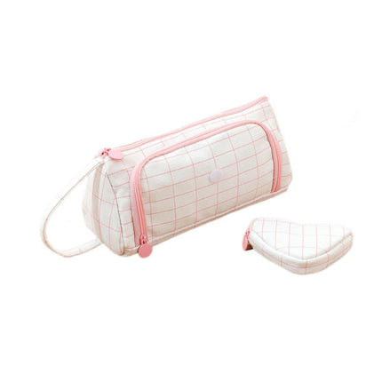 Large Capacity Canvas Pencil Case Plaid Multi-functional Portable Stationery Bag