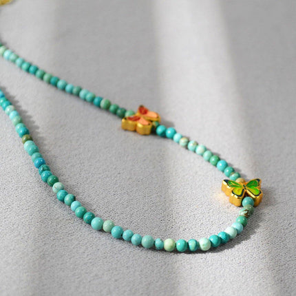 New Chinese Turquoise Butterfly Beaded Necklace and Bracelet Set Women