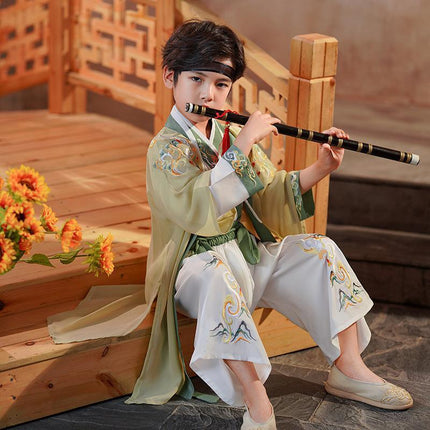 Kids Boys Hanfu Suit Top and Pants Embroidered Lace Up Bag Tassel Chinese Style - Aimall