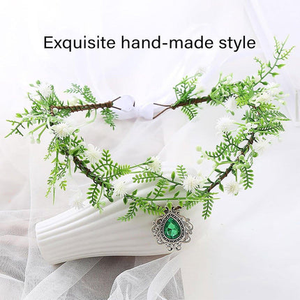 Handmade White Green Pendant Flower Crown Headband Wedding Fairy Elf Cosplay