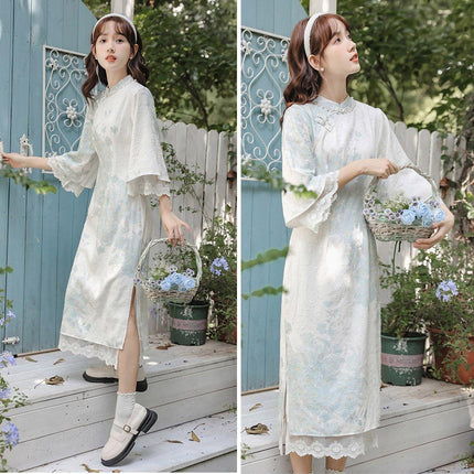 Improved Chinese Style Cheongsam Dress for Women with Inverted Big Sleeves