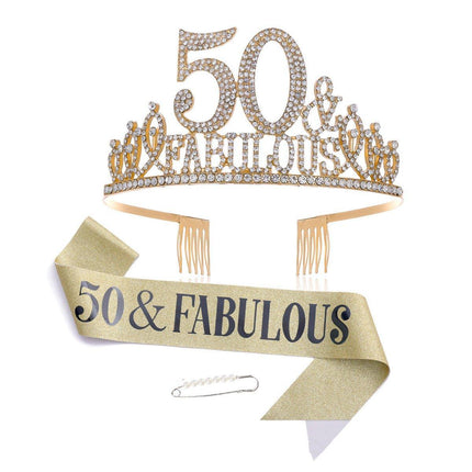 50th Birthday Gold Party Set Hairband Crown Sash Belt Ceremonial Accessory Kit