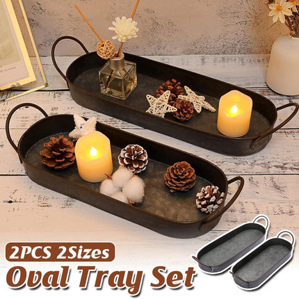 2Pcs Metal Galvanized Tray Metal Decor Chic Farmhouse Tray Centerpiece Oval Tray