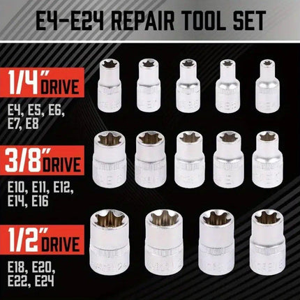 14x E Torx Socket Set Female Start Bit External Hex Torque E4-E24