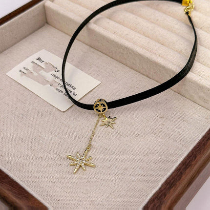 Unique Octagram Star Pendant Leather Rope Necklace Fashion Jewelry for Women