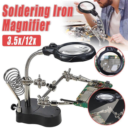 LED Magnifier Stand Holder Soldering Iron Tool Third Hand Helping Station