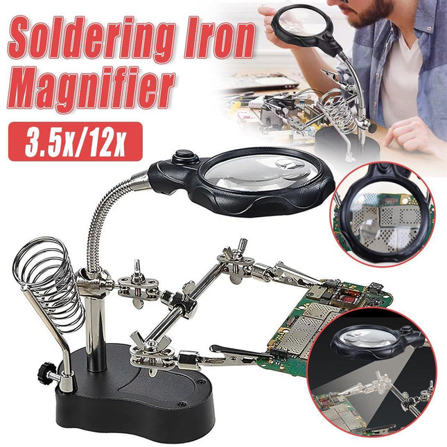 LED Magnifier Stand Holder Soldering Iron Tool Third Hand Helping Station