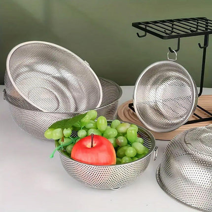 3PCS Stainless Steel Drain Basket Rice Washing Sieve Double Ear Strainer Basin