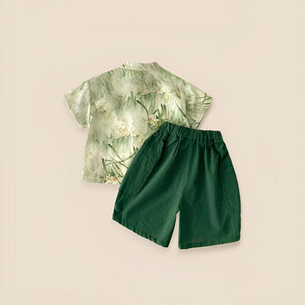 Summer Chinese-style Boys Green Short-Sleeved Shirt Short Pant Two-Piece Thin