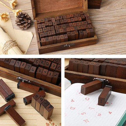 70pcs DIY Alphabet and Number Wood Rubber Stamps Set with Wooden Box Case