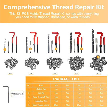 Thread Repair Kit 131 Pieces Helicoil-type M5 M6 M8 M10 M12 Twist Drill Bits - Aimall