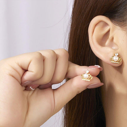 Luxury Crown Imitation Pearl Earrings 5-6mm Needle Studs Elegant Fashion Jewelry