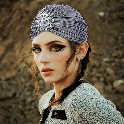Muslim Women Pleated Silver Pleated Indian Wrap Turban Headscarf Elegant Hat