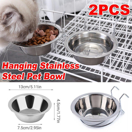 2PCS Pet Bowl Dog Food Cage Crate Water 13CM Hang-on Stainless Steel Metal Cat
