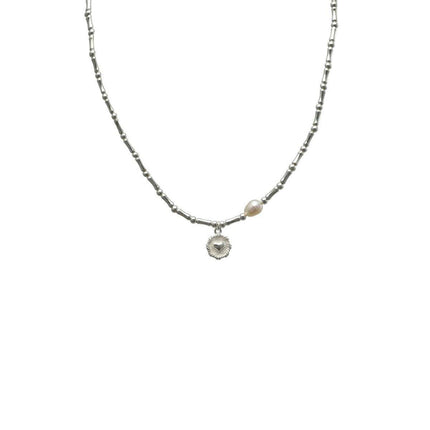 Handmade S925 Silver Bamboo Link Medallion Pearl Pendant Necklace INS Style Jewelry