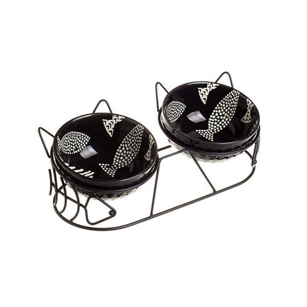 Double Ceramic Anti-Tipping Cat Dog Food and Water Bowl with Spine Fixed Design