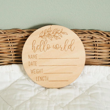 Hello World Baby Birth Announcement Plaque Wooden Disc Introducing Name Card - Aimall