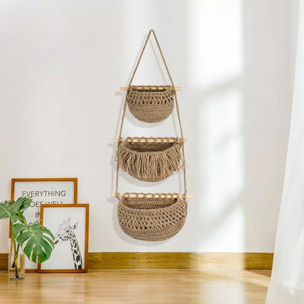 Three Layer Cotton Rope Wall Hanging Basket Door Storage Rack Organizer Bag