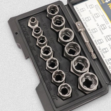 15pcs Impact Damaged Bolt Nut Screw Remover Tool Kit Socket Threading Extractor