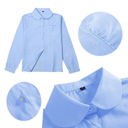 SKY BLUE Girls Peter Pan Collar Long Sleeve School Shirt with two button Adjustable Cuff - Aimall