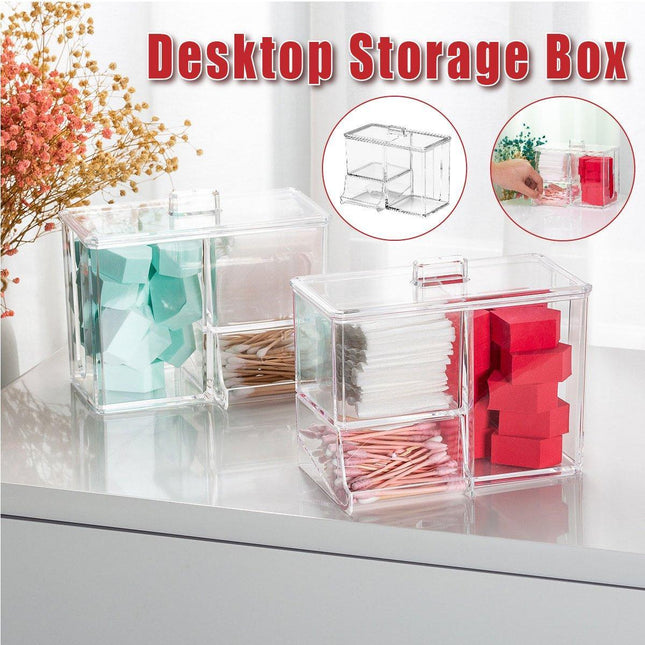Clear Plastic Makeup Organizer Cotton Swab Storage Holder Compartment Vanity Box