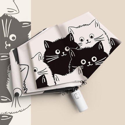 1PC Cartoon Black White Cat Automatic Folding Sun Umbrella Anti-UV For Unisex