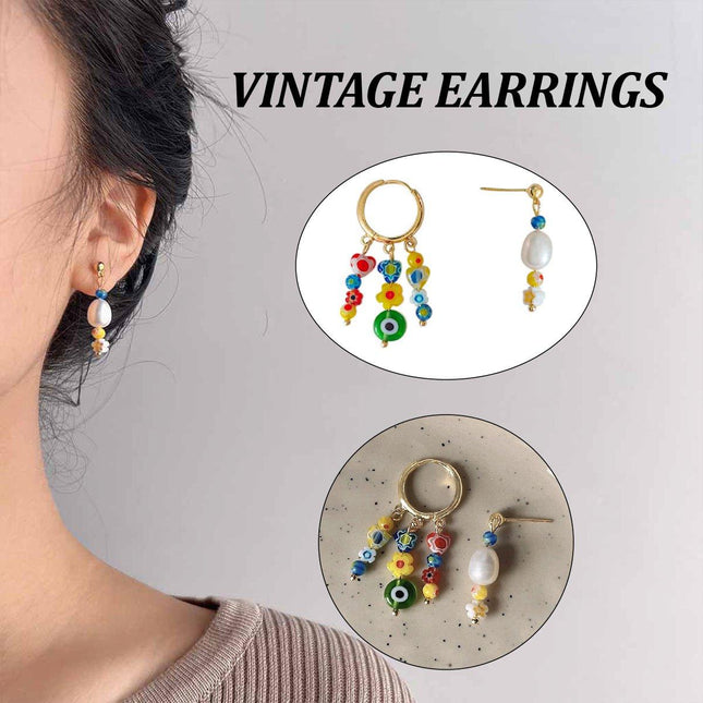 Vintage Asymmetrical Earrings Handmade Floral Glass and Pearl Drop Design for Women