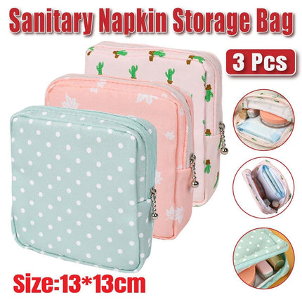 3PCS Cotton Sanitary Napkin Storage Bag Pink Leaves Cactus Dots Portable Pouch