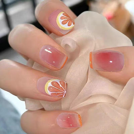 24X Orange Fake Nail Reusable Stick On Nails Press on Full Cover False Nail Tips - Aimall