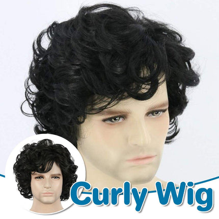 Mens Short Curly Hair Wig Black Natural Looking Hairpiece for Daily Costume Use