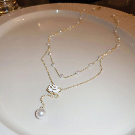 Gold Pearl Camellia Long Tassel Necklace Elegant Airy Jewelry for Women Gift