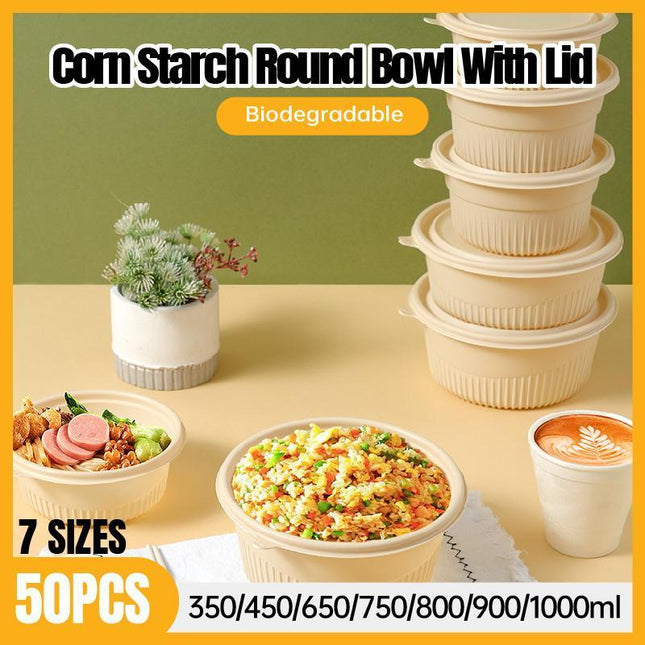 50PCS Biodegradable Corn Starch Lunch Box Round Takeout Containers Eco Friendly