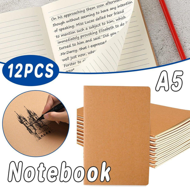 12PCS A5 Kraft Paper Notebooks Blank Grid Lined 72Page School Office Diary Book