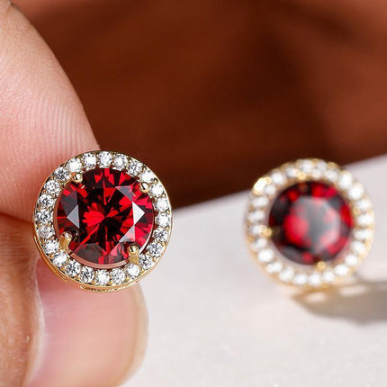 Red Garnet Diamond Halo Round Stud Earring Push Back Rose Gold Plated Women Gift - Aimall