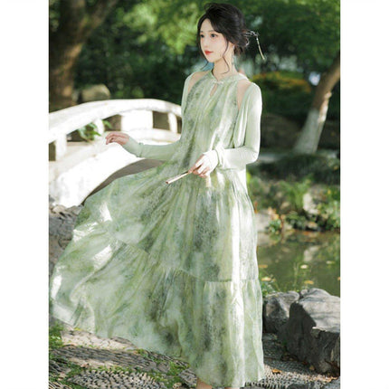 Women Chinese Style Green Halter Neck Long Dress Elegant Evening Gown