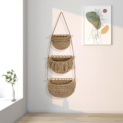 Three Layer Cotton Rope Wall Hanging Basket Door Storage Rack Organizer Bag