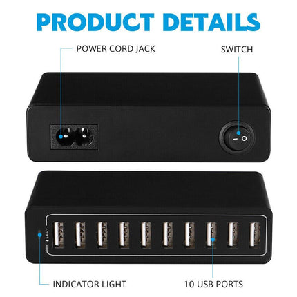 60W 10 Port USB Charger Multi Port AC Adapter Travel Wall Hub Charging Station