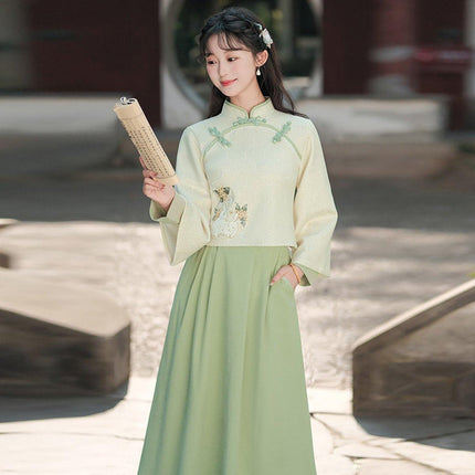 New Chinese Embroidery Green Hanfu Two-Piece Set Autumn Winter Coil Buckle Daily