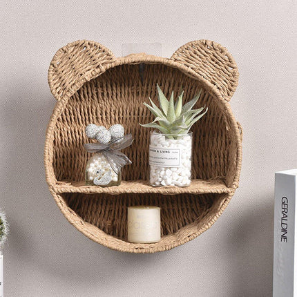 Rattan Storage Basket Wall Mounted Rack Round Plant Display Stand Organizer
