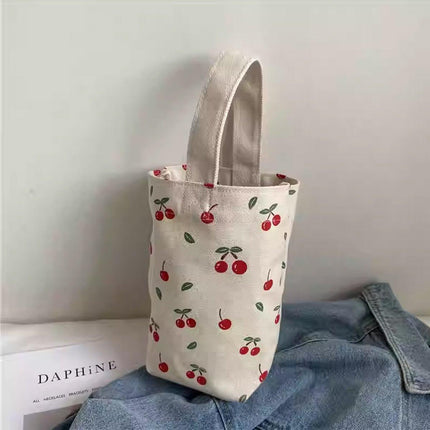 2pcs Cartoon Printed Canvas Bag Cute Casual Handbag Cup Holder Tote Bag Set