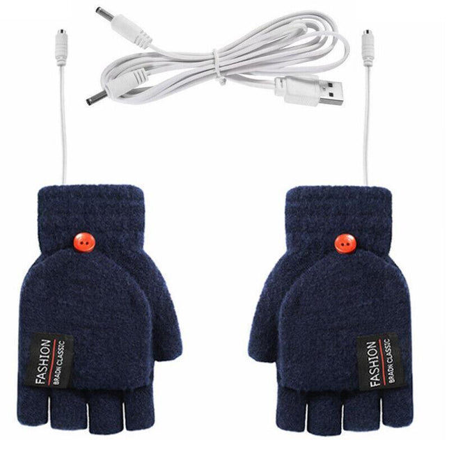 Winter Electric Rechargeable Mitten Heated Gloves Half Finger W/Hat Usb Knitted - Aimall