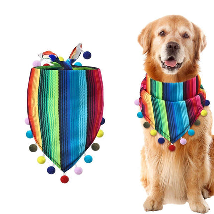 2pcs Striped Triangle Scarf Colourful Hairball Pet Straw Hat Scarf Set for Pets