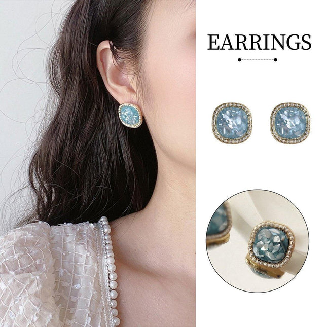Vintage Green Square Geometric Stud Earrings Crushed Shell Jewelry for Women