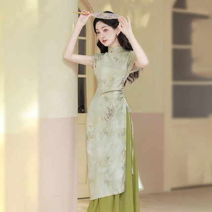 New Chinese Style Green Cheongsam Dress Daily Wear Modern Improved Dresses