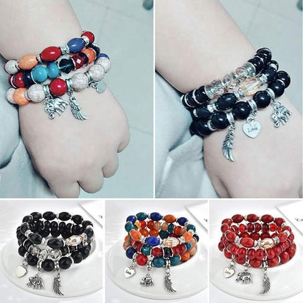3PC Women's Boho Wooden Natural Stone Beads Tassel Bracelet Set Bodhi Beaded
