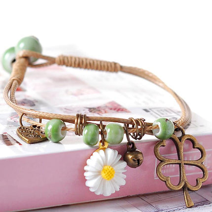 Flower Pendant Waxed Thread Rope Ceramic Beaded Wristband Bracelet Birthday Gift - Aimall