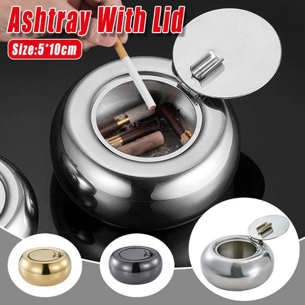 Stainless Steel Ashtray with Cover Smokeless Drum Design Windproof Ash Tray