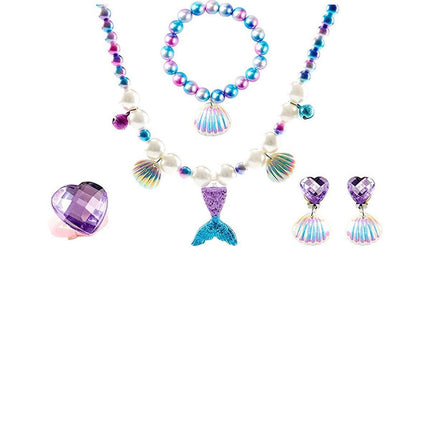 Girls Mermaid Fishtail Jewelry Set Necklace Bracelet Shell Earrings Ring Gift